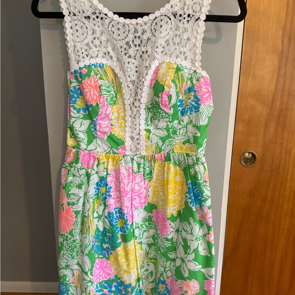 Lilly Pulitzer Green and Pink Midi Dress with Lace Overlay